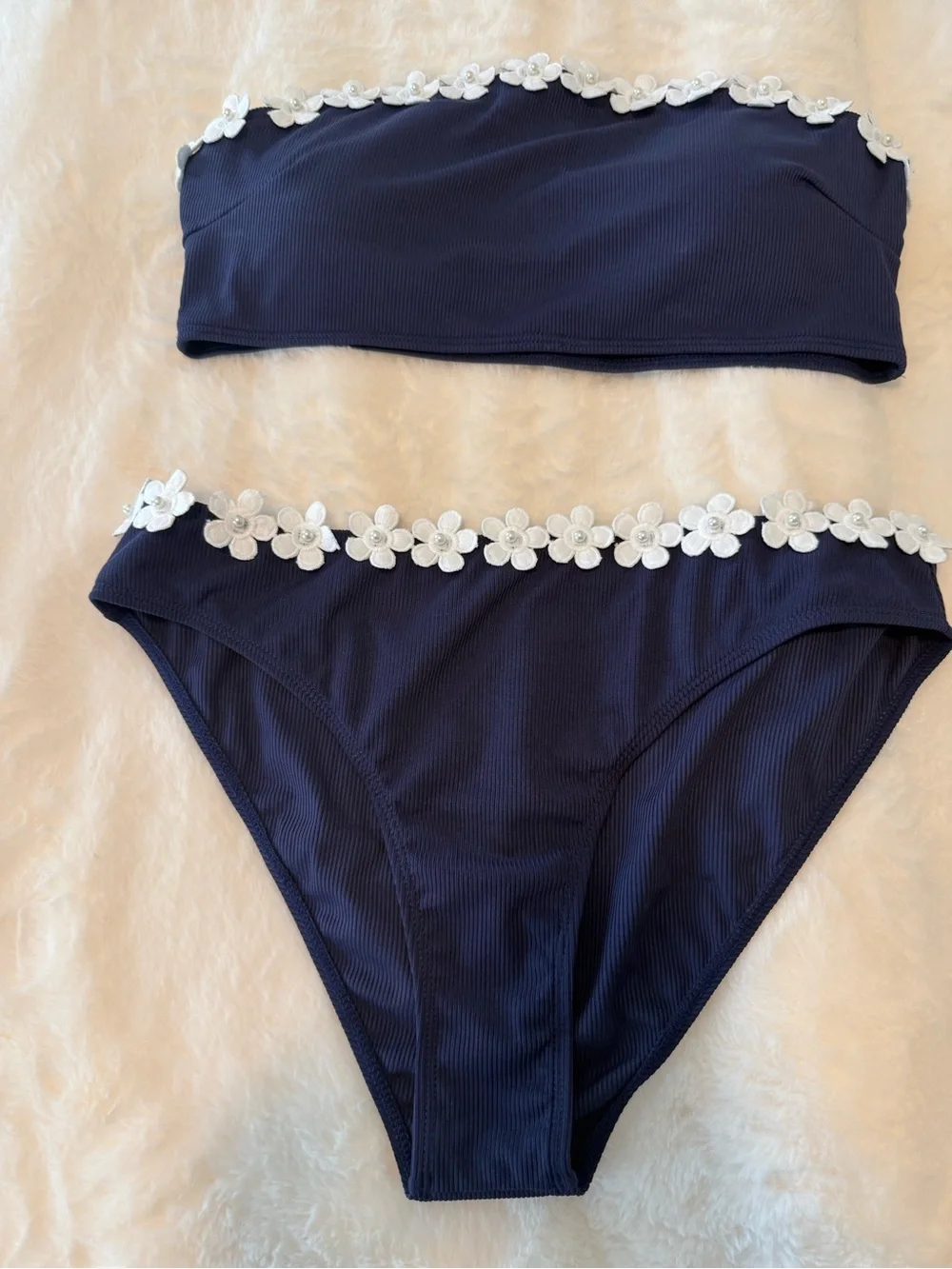 Women’s Navy Blue Bandeau Bikini with White Floral Trim XL - Picture 4 of 9